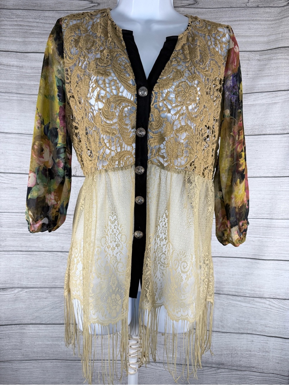 BKE Tan Crochet Lace Top with Black Trim